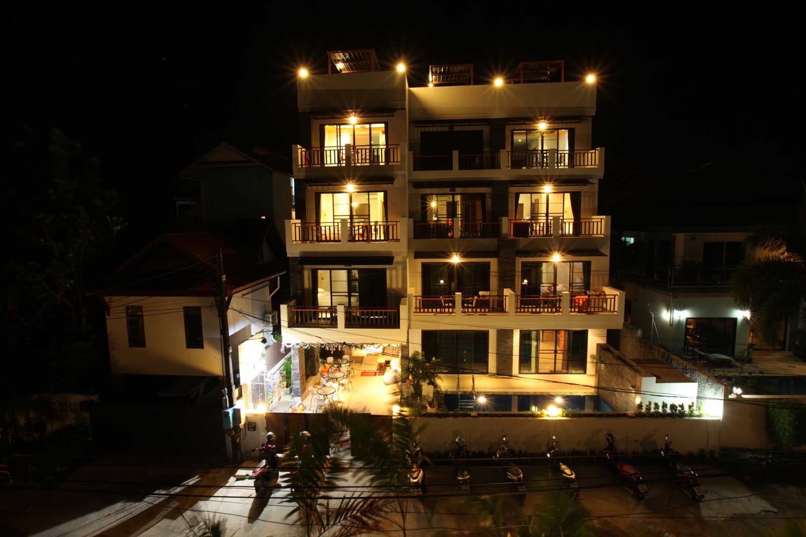 The building illuminated at night