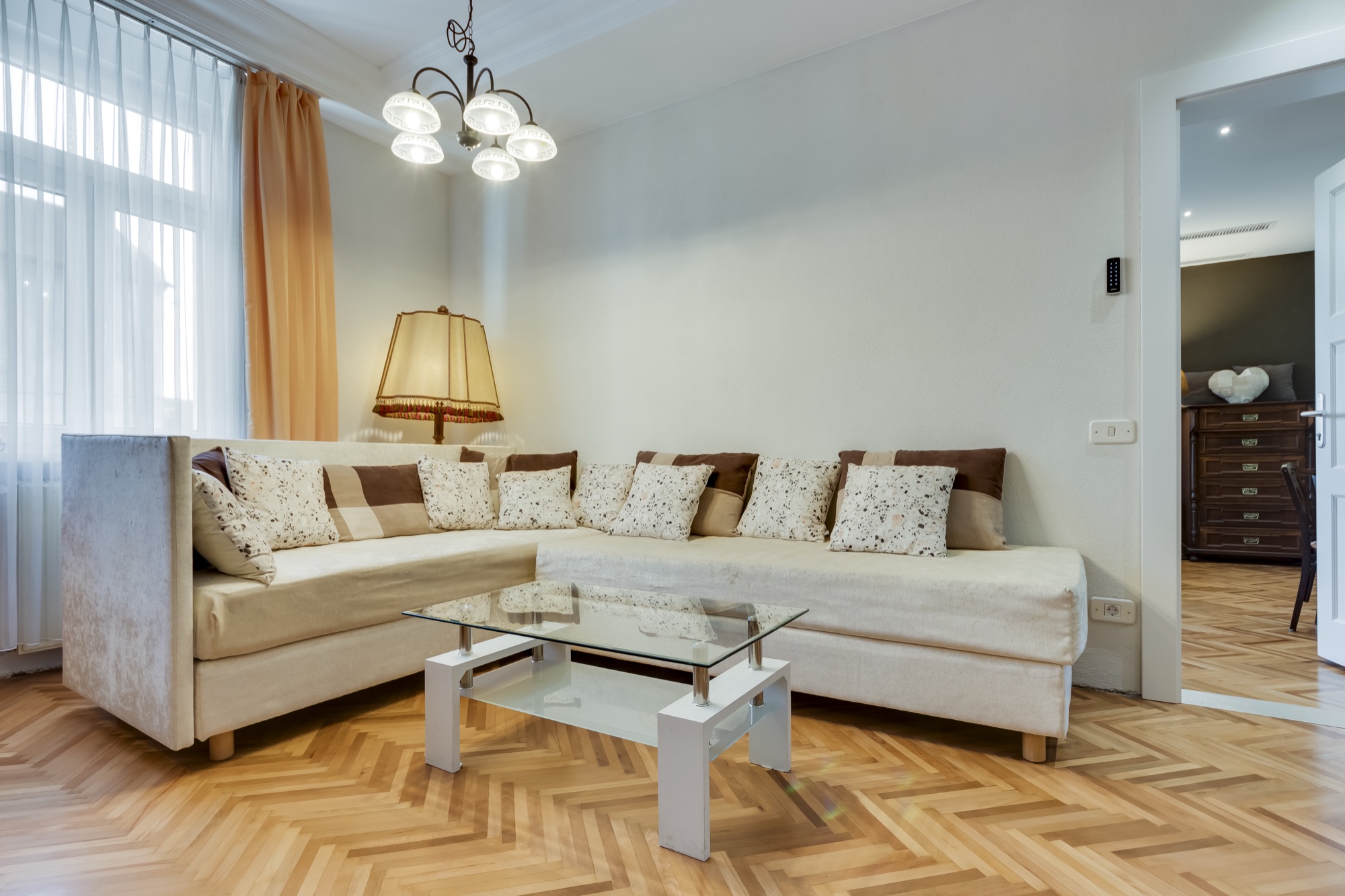 Apartment living room with herringbone parquet